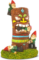 Tiki Battle Gnome Garden Statue – 9" Hilarious Resin Yard Decor – Hand-Painted Gnomes vs. Tiki Totem Outdoor Sculpture – Durable & Weather-Resistant for Indoor/Outdoor Use