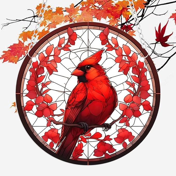 1 pcs 5.9'' Acrylic Window Hanging Cardinal Suncatcher Decor,Red Bird Suncatcher Panel Outdoor Wall Art Stained Panel Hangings Gift for Home Garden Ornament for Birds Lover (Style B)