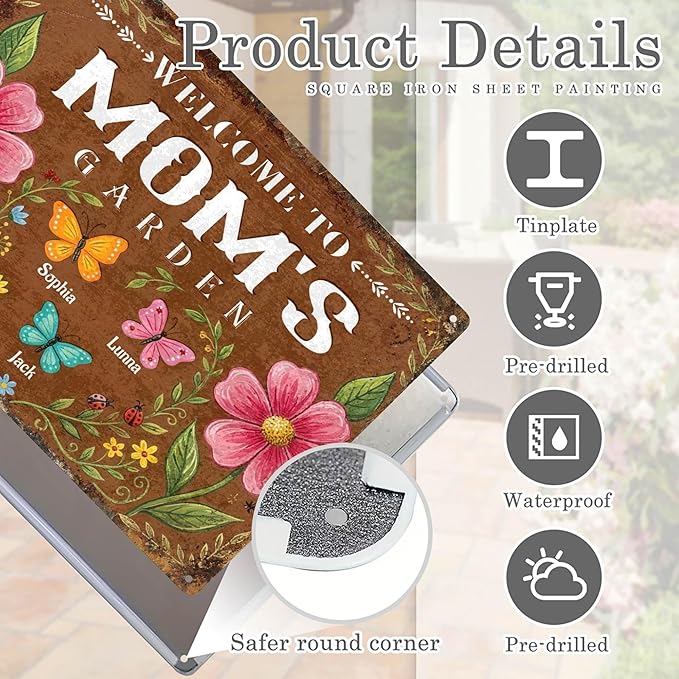 Personalized Garden Signs for Outside Custom Metal Tin Sign for Women, Retro Funny Mom Metal Sign Patio, Yard Rustic Home Decor Gift for Mothers Day, Grandmas, and Gardening Lovers