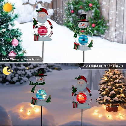 Christmas Solar Garden Lights, 27" H Snowman & Santa Claus Solar Stake Light, 2 Pack Outdoor Statues Figurine Lights for Xmas Holiday Lawn Patio Yard Decoration
