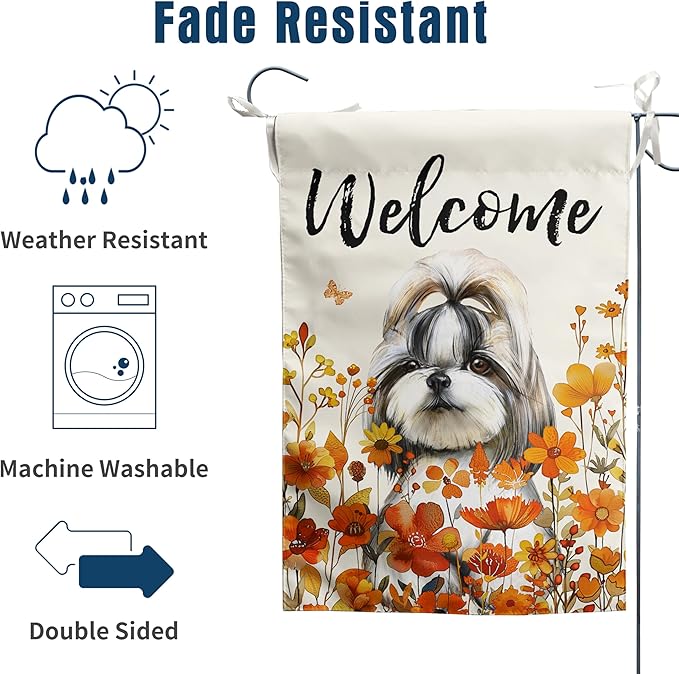 Shih Tzu Fall Garden Flag Autumn Dog Yard Sign Orange Floral Thanksgiving Outdoor Banners for Outside 12x18 Double Sided Small Wild Flower Lawn Decorations