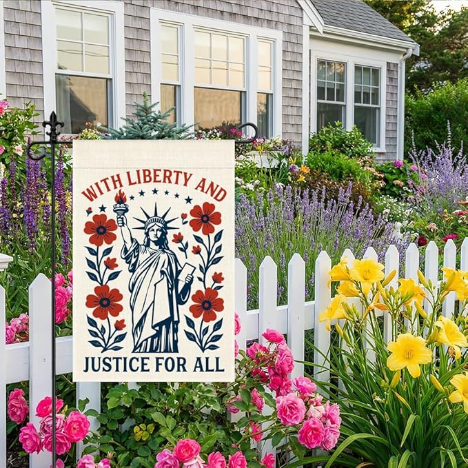 With Liberty and Justice for All Garden Flag, 12 x 18 Inch Double Sided Statue of Liberty Floral Outdoor Garden Patio Decor, Patriotic Yard Banner for Justice Advocate 4th of July Party Host