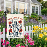 With Liberty and Justice for All Garden Flag, 12 x 18 Inch Double Sided Statue of Liberty Floral Outdoor Garden Patio Decor, Patriotic Yard Banner for Justice Advocate 4th of July Party Host