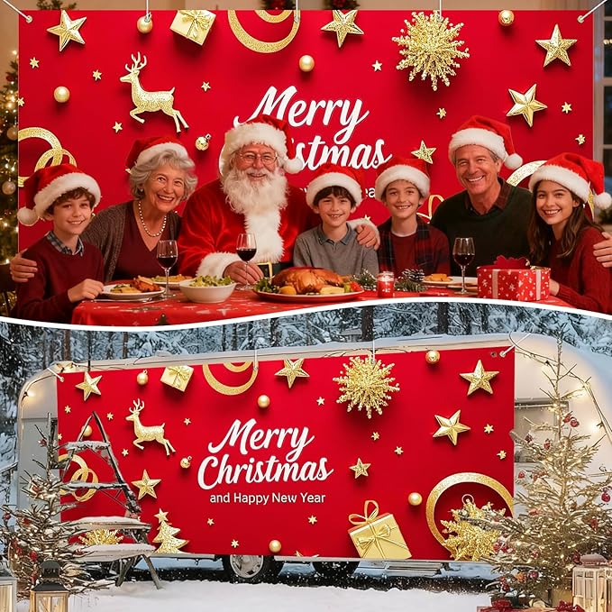 IVN Merry Christmas Happy New Year Garage Door Banner 13x6 ft Christmas Garage Door Wnter Scene Background Indoor Outdoor Red Gold Reindeer Tree Holiday Decorations for Home and Events Wall Backdrop Decor