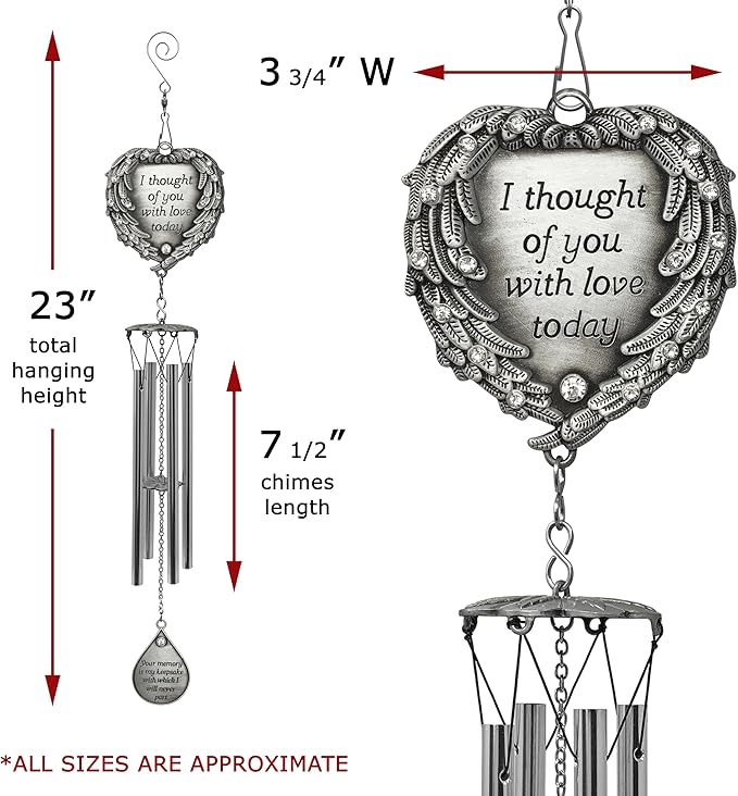 Memorial Wind Chimes Outdoor – Sympathy Gift Loss of Loved One – I Thought of You with Love Today Poem – Angel Wings Heart Teardrop Charm – in Loving Memory Wind Chime 23 Inch