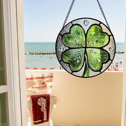 Stained Glass Window Hanging - St. Patrick's Day Green Irish Themed Gifts Sun Catcher Door Home Clover Decor Suncatcher Christmas Mother's Day Birthday Gifts for Women Men Mom Nana 15 in