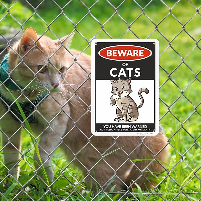 SmartSign Funny Beware Of Cats Warning Sign - 10"x7", 40 mil Laminated Rust-free Aluminum - Metal Signs for Entrances, Outdoors, Patio, Gifts, Cafe - Cats Theme, Made in USA