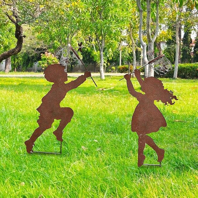 Boy Girl Silhouettes Chasing Butterfly Metal Vintage Garden Silhouette Sculpture Yard Garden Metal Stake Decor