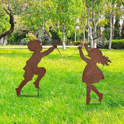 Boy Girl Silhouettes Chasing Butterfly Metal Vintage Garden Silhouette Sculpture Yard Garden Metal Stake Decor