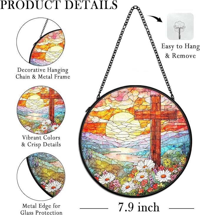 Christian Suncatcher Stained Glass Cross Window Hanging Decor, Christmas Religious Gifts for Women, Easter Landscape Sunrise Mountain Cross Garden Lawn Sun Catchers for Window Hanging,7.9x7.9In