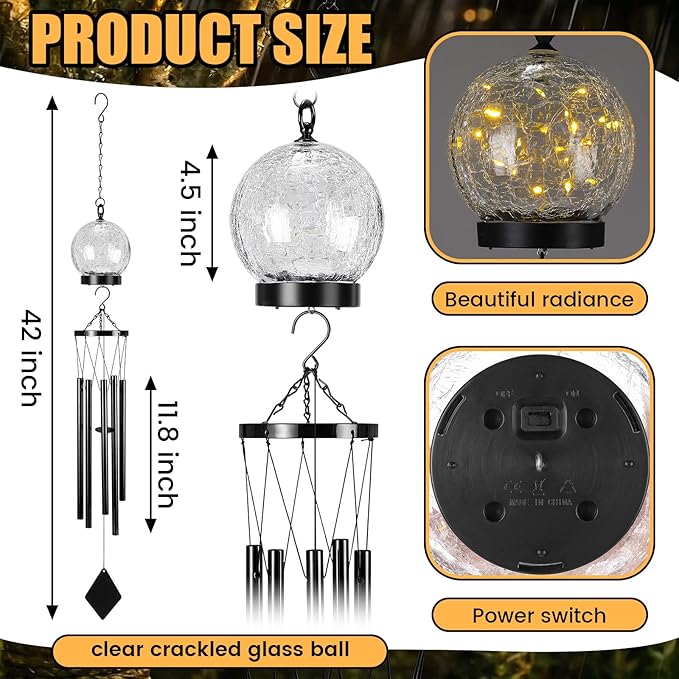 BreezeHug Solar Wind Chimes Outdoor Lights 42 Inch Large Sympathy Gift Chime 15 LED Twinkle Warm White Crackled Glass Ball Hanging Lantern Gifts for Birthday Garden Yard Patio Landscape Decor
