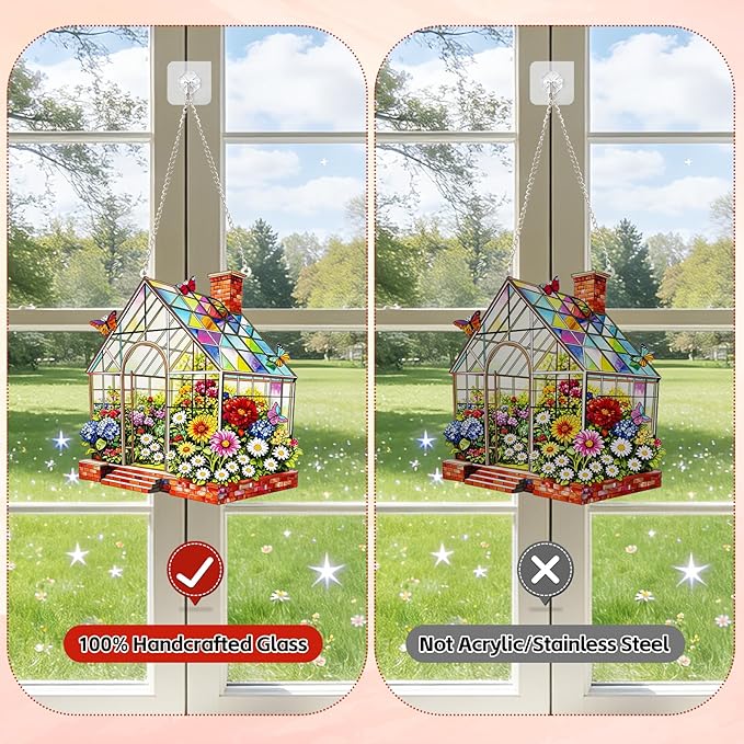 Stained Glass Suncatcher Window Hanging, Marzovitra 10 Inch Greenhouse Garden with Flowers Butterflies, Colorful Floral Real Glass Panel for Home Sunroom Patio Porch Indoor Outdoor Decor Gift Idea