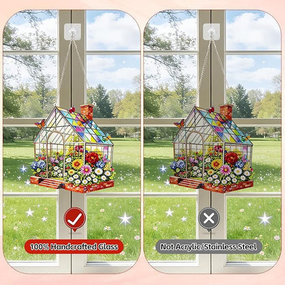 Stained Glass Suncatcher Window Hanging, Marzovitra 10 Inch Greenhouse Garden with Flowers Butterflies, Colorful Floral Real Glass Panel for Home Sunroom Patio Porch Indoor Outdoor Decor Gift Idea