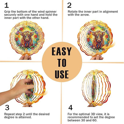 Highland Cow Wind Spinner, 3D Hanging Stainless Steel Garden Spinner, Wind Spinner Hanging for Outdoor & Indoor Décor, Unique Gifts for Yard Garden Decoration or Patio Décor (Highland Cow)