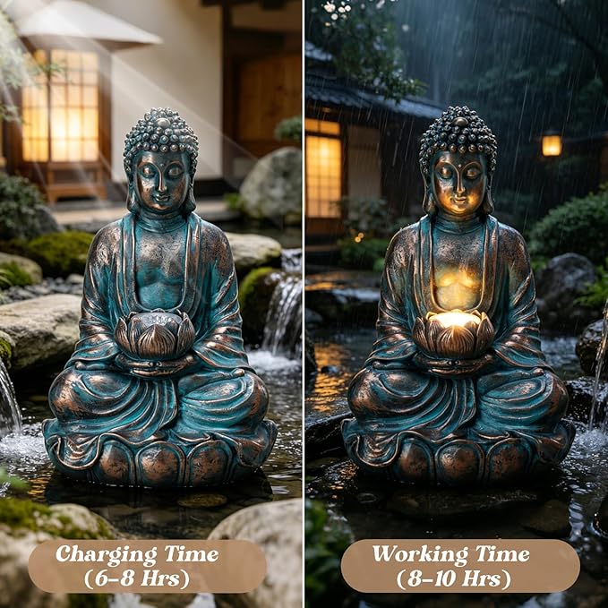 Bshine Solar Buddha Statue Outdoor Lights - 11x6 Inch Waterproof Garden Statue with Lotus, Meditation Zen Spiritual Room Decor for Yard