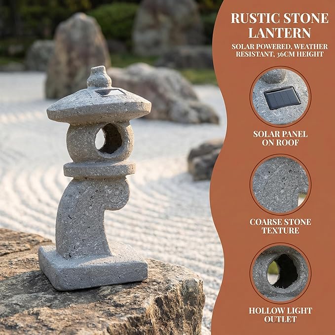 14’’ High Asian Solar-Powered Zen Pagoda Garden Statue LED Light Solar Lamp for Outdoor Japanese Decoration Aesthetic Garden Figurines