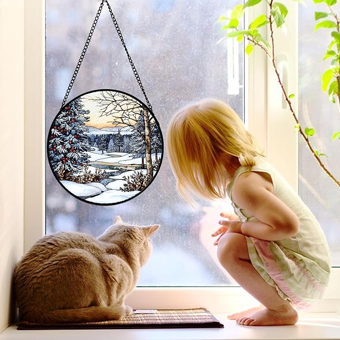 DASTOLL Stained Glass Window Hanging, Winter Snow Landscape Suncatcher Diamond Glass Panel Sun Catchers Decor for Birthday for Women, Men, Wife, Aunt, and Mom 9.8 in