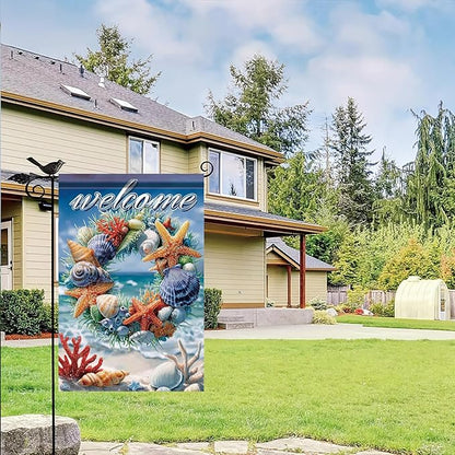 Spring Summer Garden Flag 12x18 Inch Coastal Welcome Seashell Starfish Coral Wreath Ocean Beach Design Outdoor Yard Porch Lawn for Seasonal Nautical Home Decor