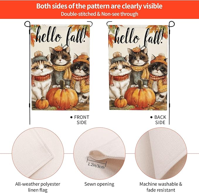 Fall Cat Garden Flag Seasonal Double Sided 12 x 18 Inch Small Yard Flag for Indoor Outdoor Decor Holiday All Seasons