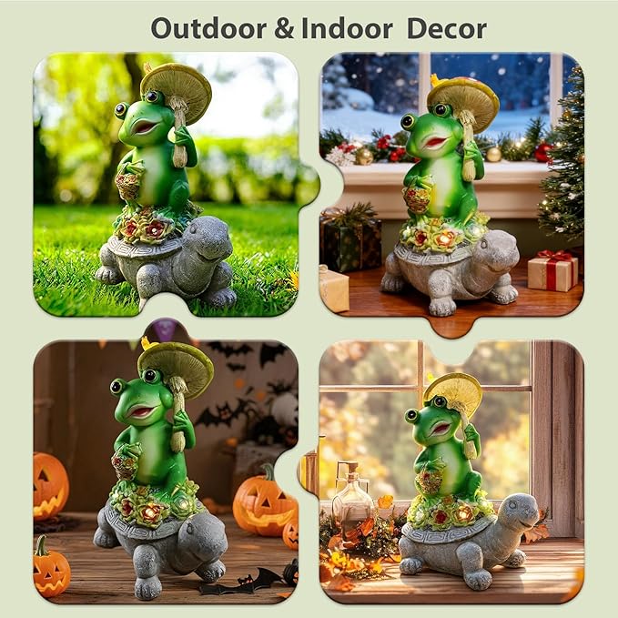 Solar Garden Statue Outdoor Decor Turtle & Frog with LED Lights – Yard Decor for Patio, Balcony, Backyard, Lawn Ornaments Tortoise Figurine, Unique Birthday Gifts for Mom, House Warming Gifts New Home