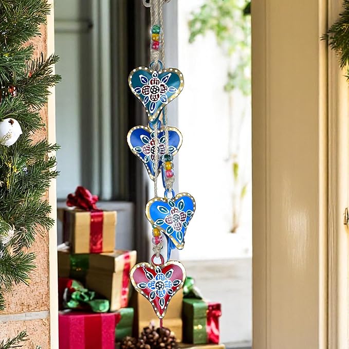 Heart Shaped Metal Bell Chime, Hanging Wind Chime for Outside with 4 HandPainted Bells for Christmas Decorations Cowbells, Jingle Bells, Wind Bell for Craft, Vintage Garland Hanger (Multi 33")