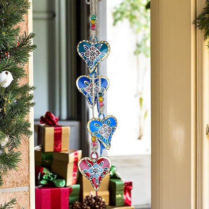 Heart Shaped Metal Bell Chime, Hanging Wind Chime for Outside with 4 HandPainted Bells for Christmas Decorations Cowbells, Jingle Bells, Wind Bell for Craft, Vintage Garland Hanger (Multi 33")