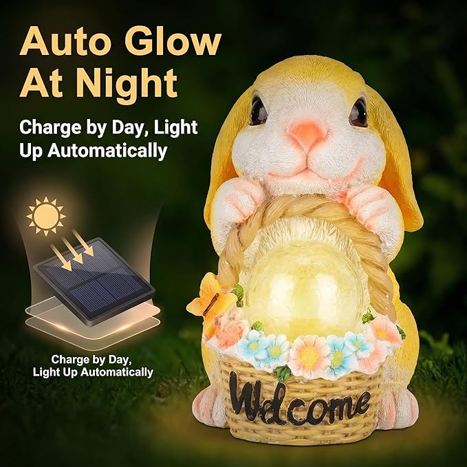Solar Garden Welcome Statue with LED Light, Outdoor Decorative Animal Figurines, 8-10 Hour Working Time, Floral Basket Design, Lawn Yard Decor (Rabbit)