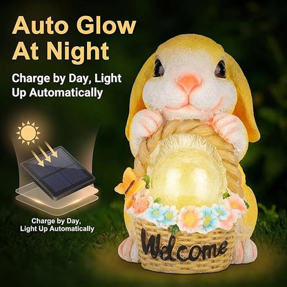 Solar Garden Welcome Statue with LED Light, Outdoor Decorative Animal Figurines, 8-10 Hour Working Time, Floral Basket Design, Lawn Yard Decor (Rabbit)