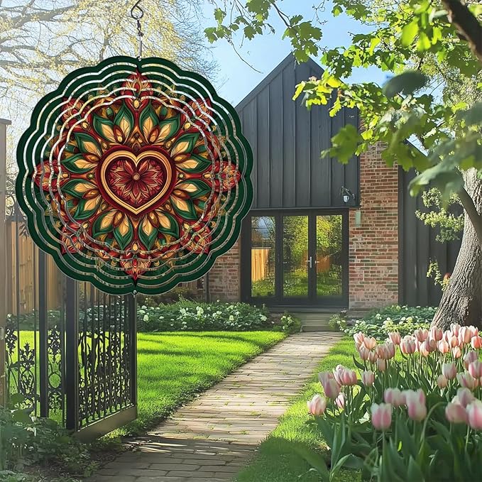 Mandala Wind Spinners Outdoor, Hanging Wind Spinner for Garden Decoration, 8 inch 3D Stainless Steel Metal Wind Sculpture for Indoor/Outdoor Decor