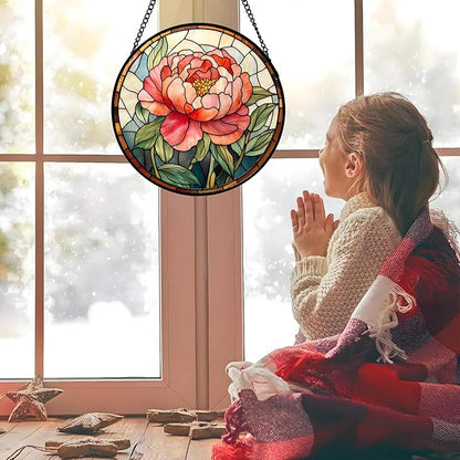 Stained Glass Window Hanging - Pink Peony Floral Suncatcher for Door Garden Yard Birth Flower Sun Catchers Decor Christmas Mother's Day Birthday Gifts for Women Mom Nana Wife Teacher 9.8 in
