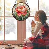 Stained Glass Window Hanging - Pink Peony Floral Suncatcher for Door Garden Yard Birth Flower Sun Catchers Decor Christmas Mother's Day Birthday Gifts for Women Mom Nana Wife Teacher 6.3 in