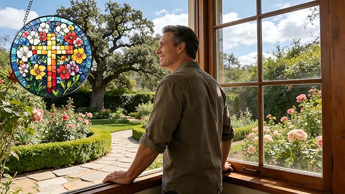 Funoasis Stained Glass Window Hanging 6.3 Inches Suncatcher - A Cross Surrounded by Flowers Ornaments Sun Catcher Home Decor Women Birthday