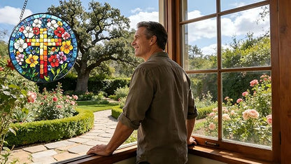 Funoasis Stained Glass Window Hanging 6.3 Inches Suncatcher - A Cross Surrounded by Flowers Ornaments Sun Catcher Home Decor Women Birthday