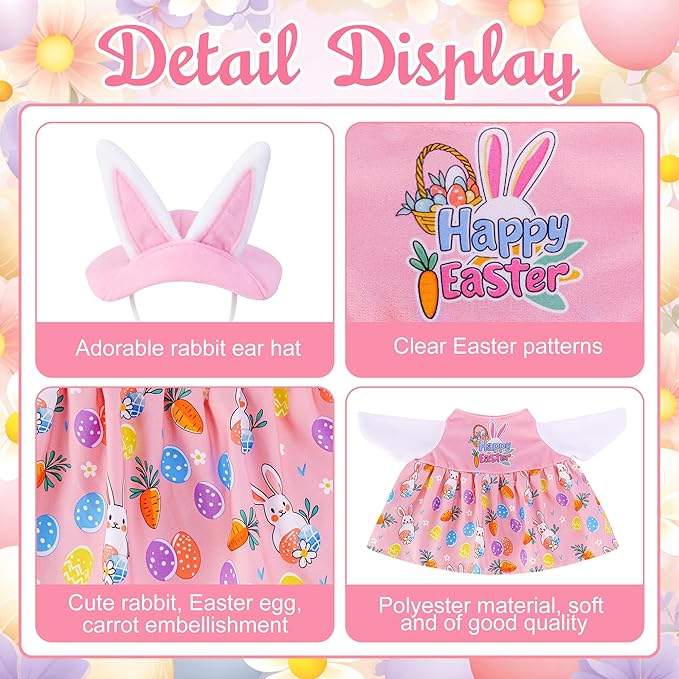 Watayo 2 Pcs/Set Easter Bunny Porch Goose Outfits, Spring Easter Rabbit Lawn Goose Clothing Costume, Garden Goose Clothes Pink Dress and Bunny Ears Hat for 23" High Statue Outdoor Patio Yard Decor