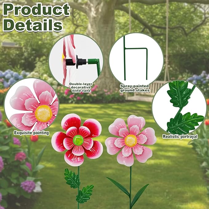 Metal Retro Flower Wind Spinner Art, Guangxie Yard Decorations Outdoor - 2 Pack for Outdoor, Patio, Backyard and Flower Bed Spring Decor (Red & Pink)