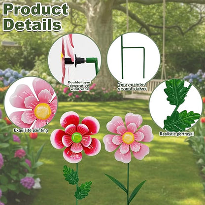 Metal Retro Flower Wind Spinner Art, Guangxie Yard Decorations Outdoor - 2 Pack for Outdoor, Patio, Backyard and Flower Bed Spring Decor (Red & Pink)