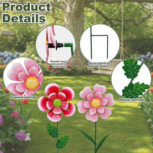 Metal Retro Flower Wind Spinner Art, Guangxie Yard Decorations Outdoor - 2 Pack for Outdoor, Patio, Backyard and Flower Bed Spring Decor (Red & Pink)