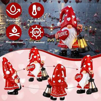 Retisee Solar Valentine's Day Garden Statue Resin Gnome Statue with Hearts LED Lights Outdoor Love Solar Light Figurine Decoration for Yard Patio Lawn Gift for Valentine's Day Anniversary