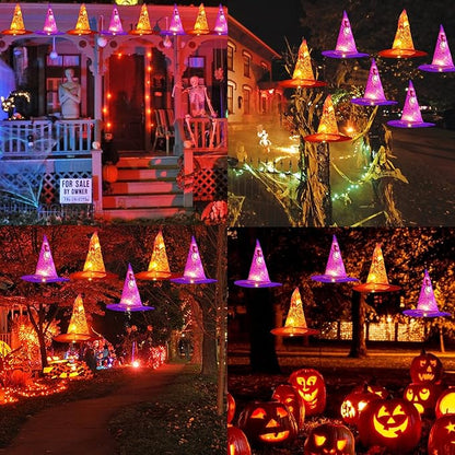 DAZZLE BRIGHT 8 Pcs Hanging Witch Hat String Lights, Light Up Waterproof Halloween Decorations with Remote Control for Outdoor Garden Party Carnival Supplies Decor (2 Pack)