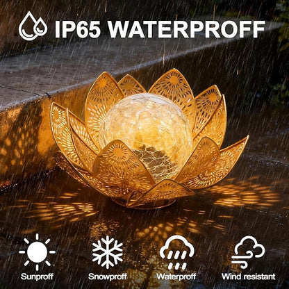 Solar Lights Outdoor Waterproof Lotus Flower Metal Yard Art Decoration Crackle Globe Glass Solar Lamp Garden Decor for Outside, Flowerbed Lawn Patio Porch Pathway Pond Decorations