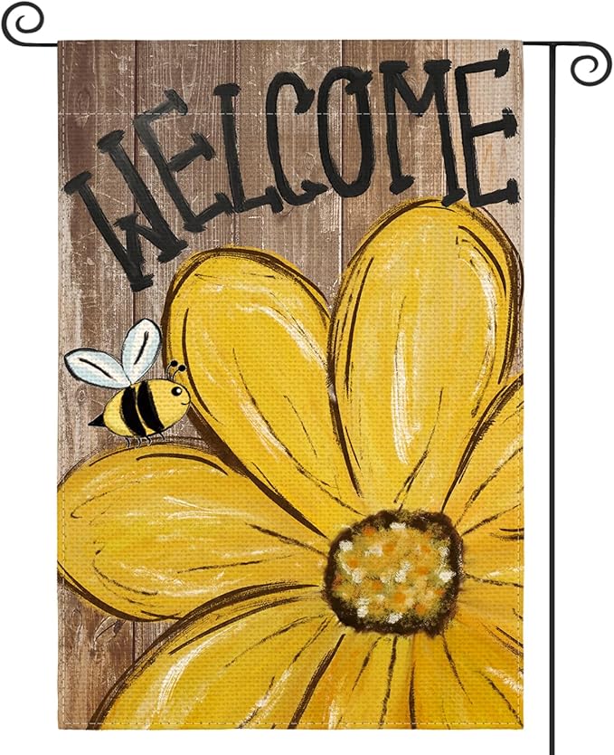 AVOIN colorlife Bee Sunflower Spring Summer Garden Flag 12x18 Inch Double Sided Outside, Welcome Wood Grain Yard Outdoor Flag
