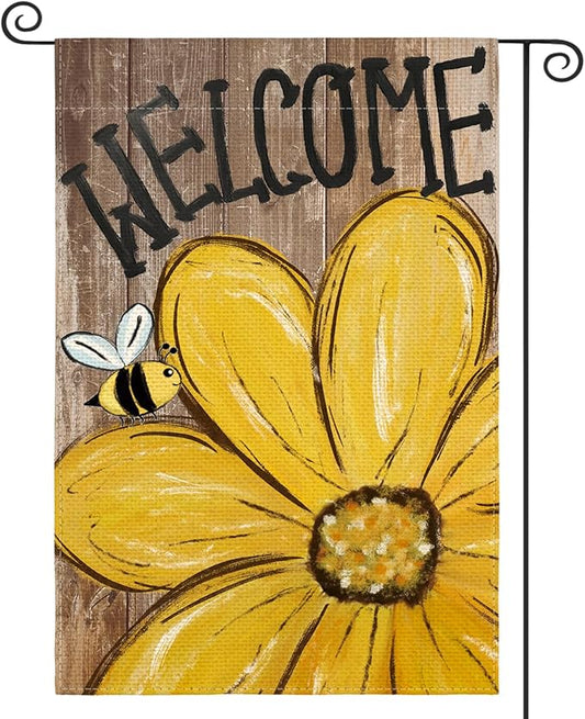AVOIN colorlife Bee Sunflower Spring Summer Garden Flag 12x18 Inch Double Sided Outside, Welcome Wood Grain Yard Outdoor Flag