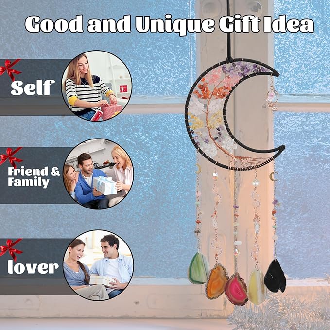 Crystal Wind Chimes, Dreamocean 7 Chakra Dream Catchers Moon Tree of Life Dream Catcher Suncatcher Prisms Hanging Window Wall Decor Yoga Meditation Gifts for Adults Girls