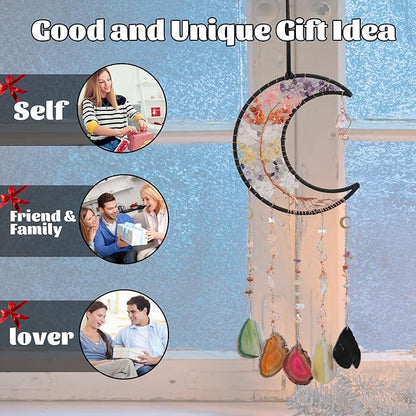 Crystal Wind Chimes, Dreamocean 7 Chakra Dream Catchers Moon Tree of Life Dream Catcher Suncatcher Prisms Hanging Window Wall Decor Yoga Meditation Gifts for Adults Girls