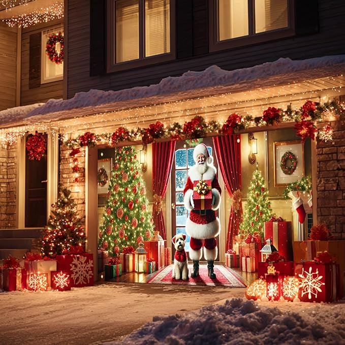 HOMETITUTE Christmas Garage Door Banner 13x6ft Santa Claus with Gift Box and Puppy Holiday Backdrop Winter Indoor Outdoor Scene Red Gold Green Tree Decor Wall Hanging Seasonal Party Porch