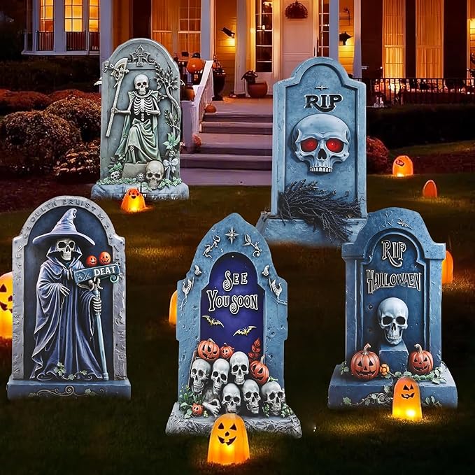 5PCS 26.7X15.7" Large Tombstones Halloween Decorations Garden Signs,Outdoor Cemetery Tombstone Decoration With H Metal Stake,Waterproof Halloween Party Decorations,Outdoor lawn Family Gatherings