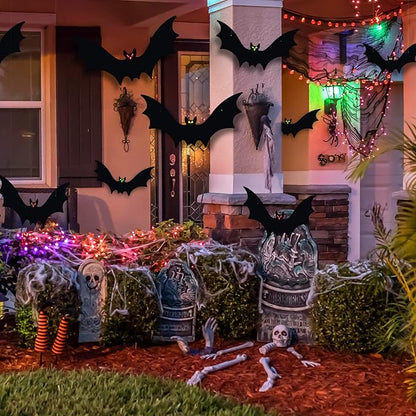 Hanging Bats Halloween Decorations 12pcs 3D Realistic Halloween Hanging Flying Bat with Glowing Eyes for Outdoor (3 Styles)