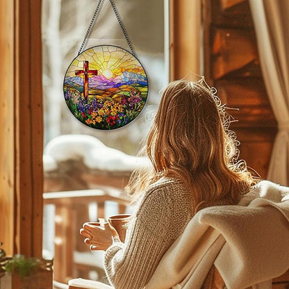 Cross Flower Suncatcher Stained Glass Window Hanging, Christian Wildflower Sunset Landscape Sun Catchers Indoor Window Glass Round Wall Decor, Religious Wall Art Hanging Decorations, ＂7.8x7.8＂