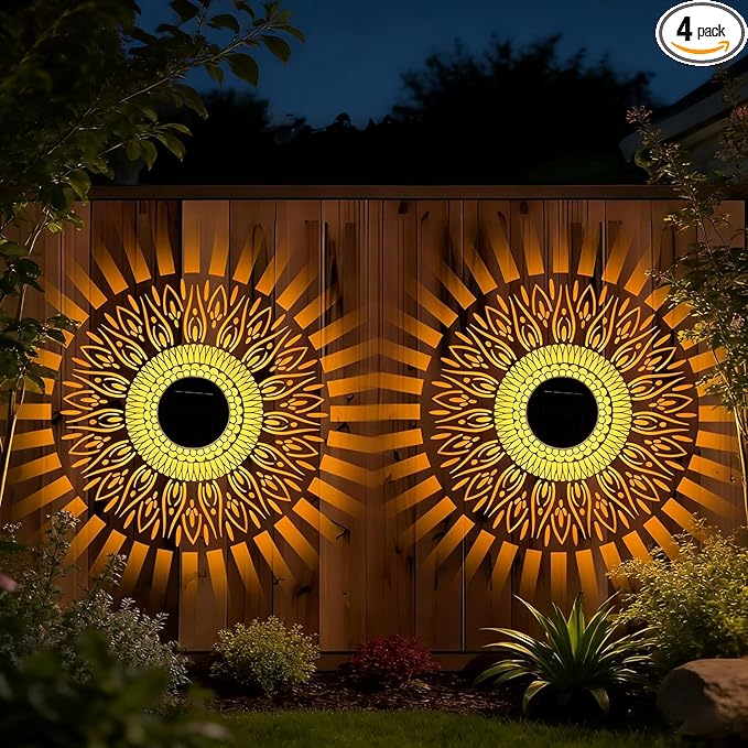 Decorative Solar Mandala Lights, Solar Mandala Lights Outdoor, Solar Powered Outdoor Wall Deck Step Lights, Mandalas Theme Waterproof Fence Light for Garden Patio Backyard Decor (4Pcs Sun)