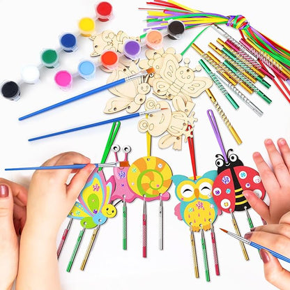 JellyArch 30 Pcs Spring Wind Chime Making Kit, DIY Wooden Spring Insect Craft Wind Chimes with Paint & Stickers, Craft Activity Creative for Church Party Windows Decoration